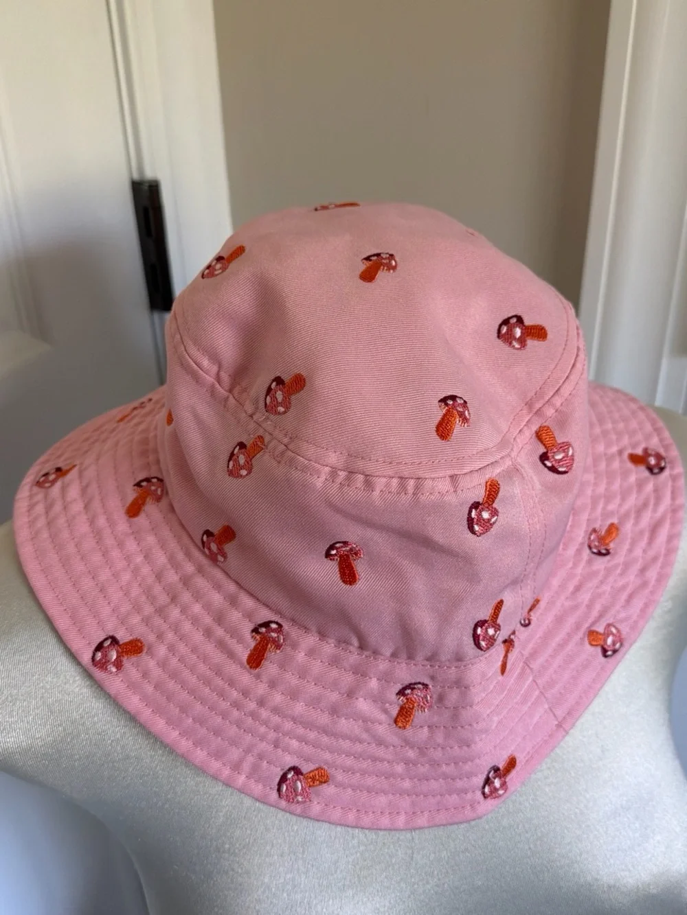Pink Mushroom Embroidered Bucket Hat